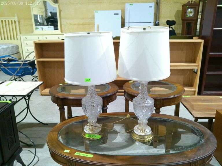 606- Pair of lamps with glass vase and white shade