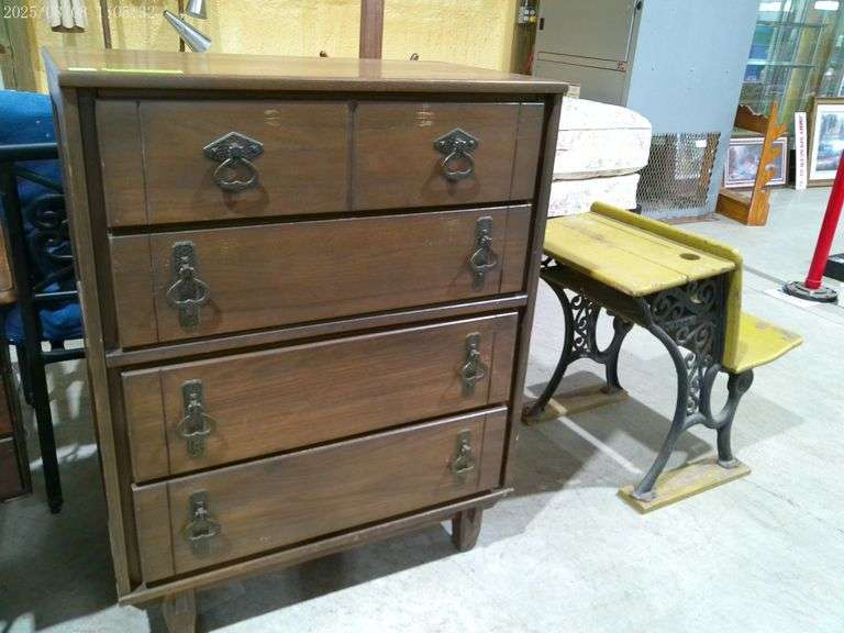 604 – chest of drawers 41 inches tall, 32 inches wide with four drawers, old school desk