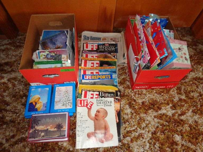 Group of Life magazines, greeting cards, gift bags