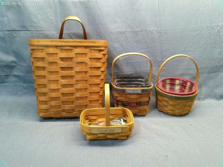 Longaberger 4 baskets, 1993 Inaugural, wall hanging basket, liners and protectors