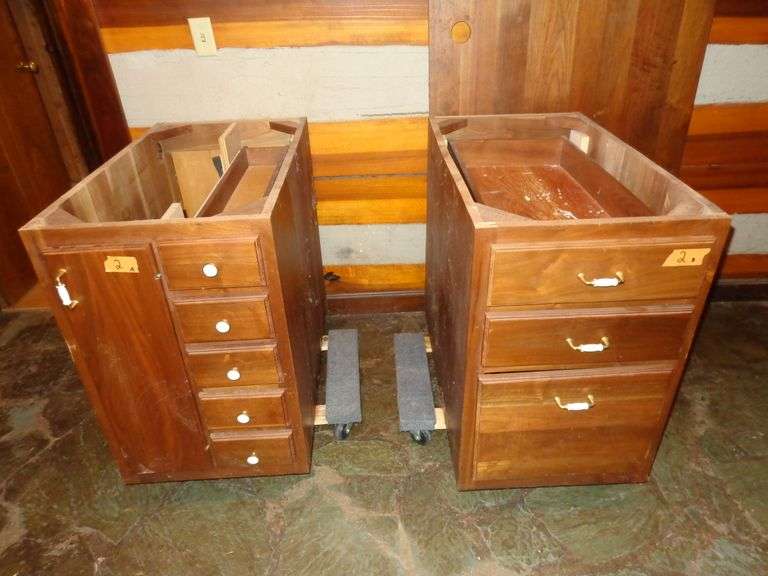 2 Wooden base cabinets 20" by 35", 30" tall with 36" by 68" top, could be used as a desk