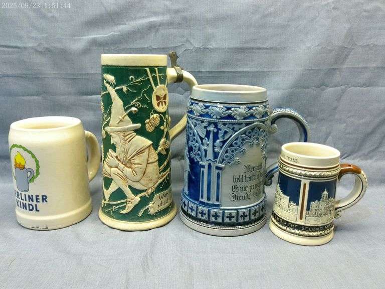 4 antique steins, no lids