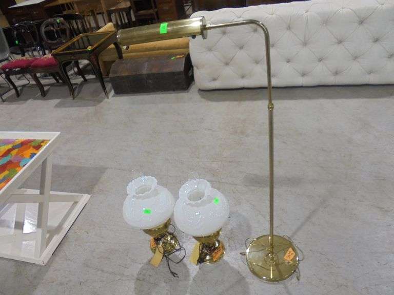 Two Rochester table lamps with milk glass shades and one floor lamp. Untested (no bulbs). See pictur