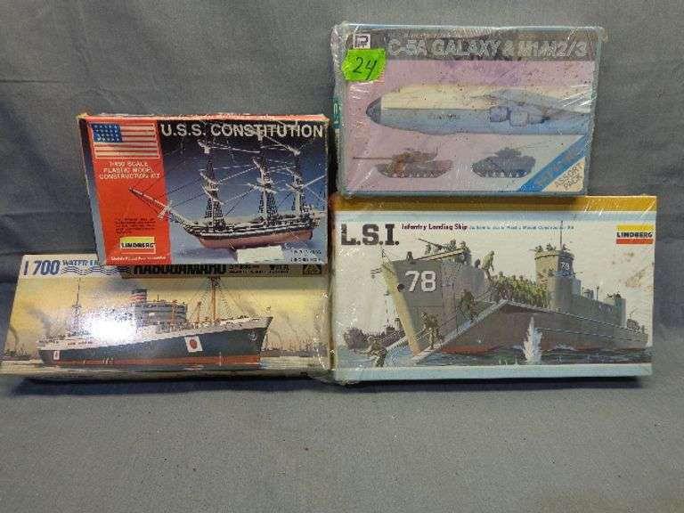 Model Ships and plane, C-5A Galaxy and M1,M2 tanks 1/700 scale, USS Constitution 1/450 scale, Kasuga