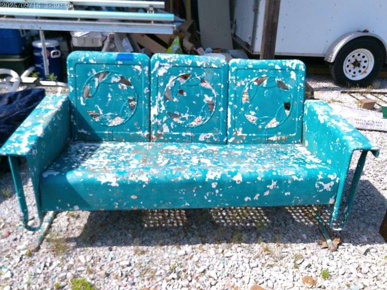 Metal porch glider, works ( slightly bent bar in back-can be reinforced)