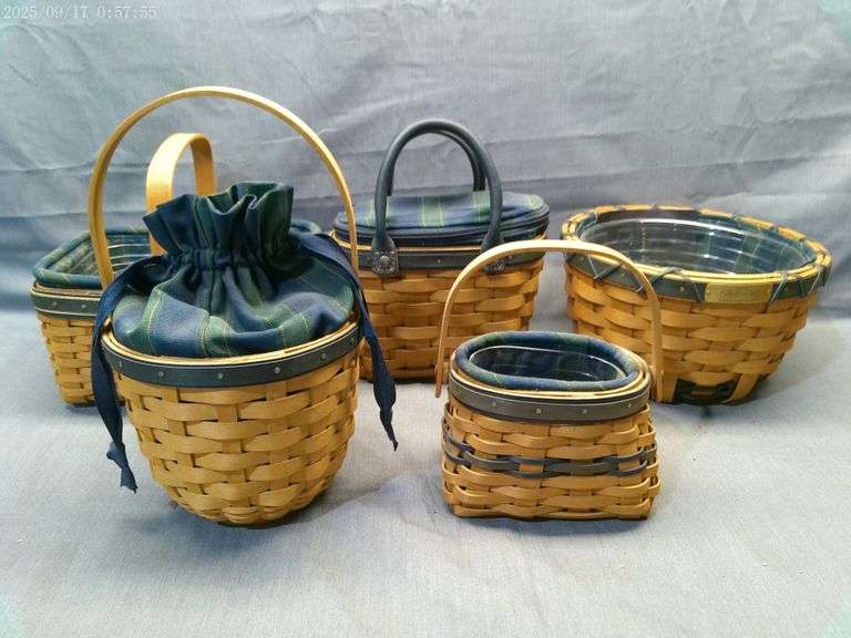 Longaberger 5 baskets with blue weaving, protectors