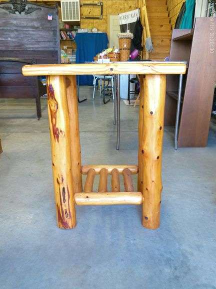 Pine log table 30"T x 24"W x 20"D, new condition