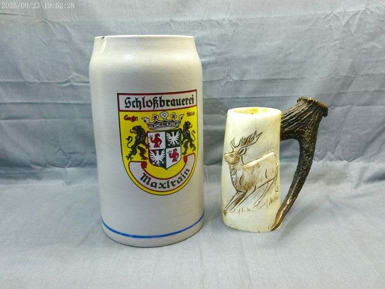 5 liter beer advertising stein, chipped and 1 liter horn stein
