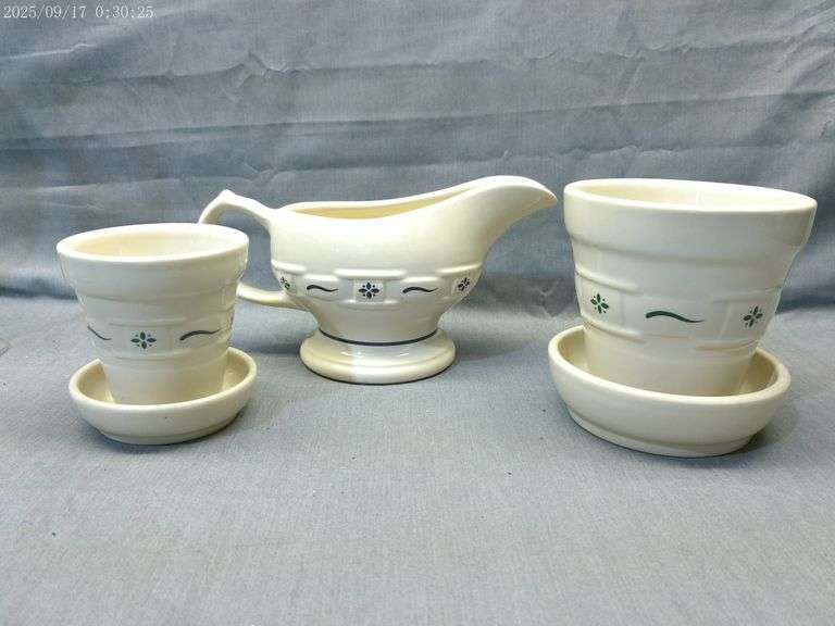 Longaberger gravy boat and 2 planters