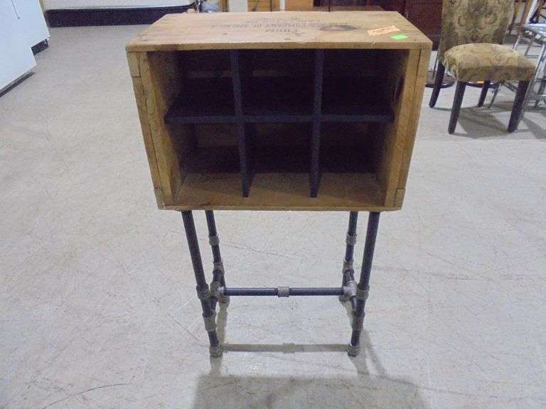 Unique piece made from industrial piping and a vintage wooden box. See pictures.