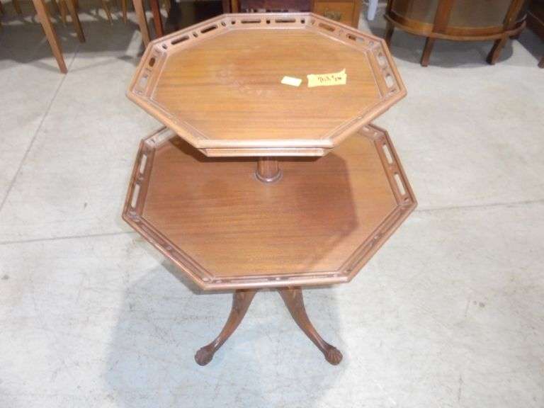 Hexagonal 2-tier dumbwaiter table. Widest part is 24" x 24" deep x 34" tall. See pictures.