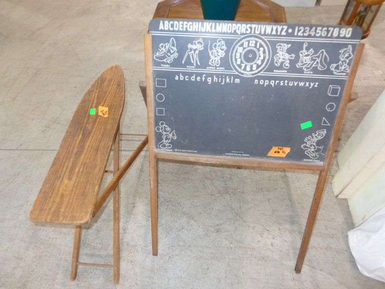 752 - vintage child's chalk board and ironing board