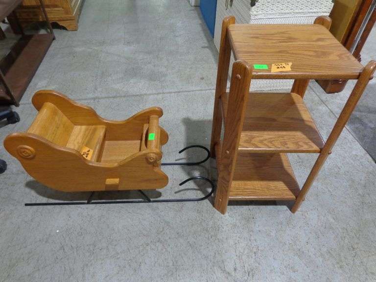 752 - small oak accent table 12"x12"x24" and small oak decorative sleigh