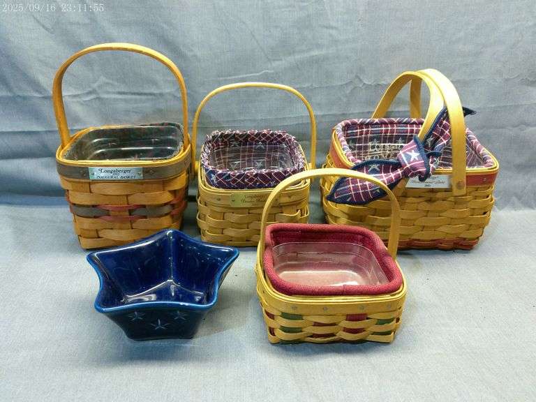 Longaberger 4 small patriotic themed baskets with protectors & blue star small bowl