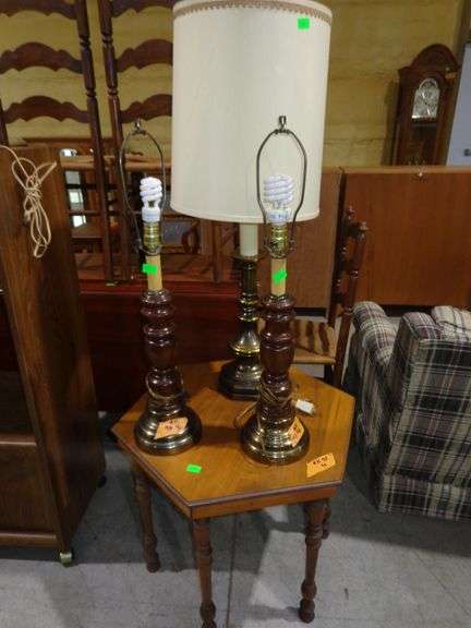 751 - hexagonal side table and 2 wooden base lamps no shades and 1 brass lamp with shade