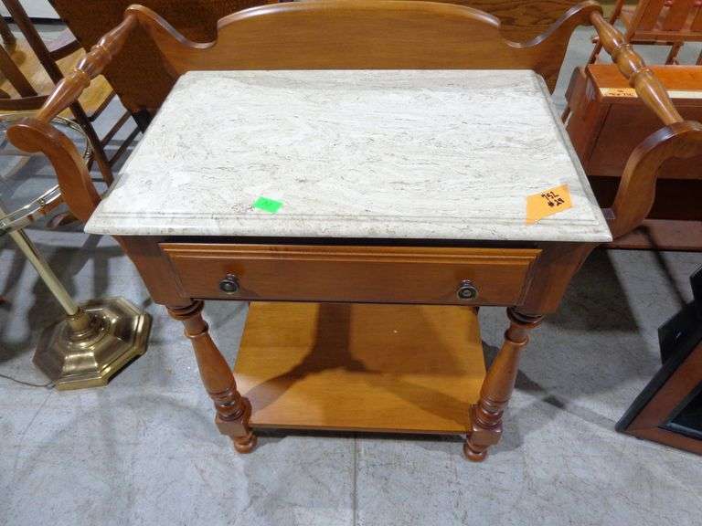 752 - Tell City maple washstand with marble top 29"W, 14"D, 32"H