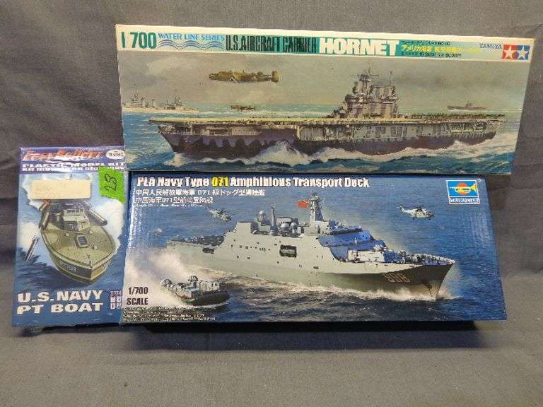 Model ships, US PT Boat 1/200 scale, US Aircraft Carrier Hornet 1/700 scale, PLA 071 Amphibious Tran