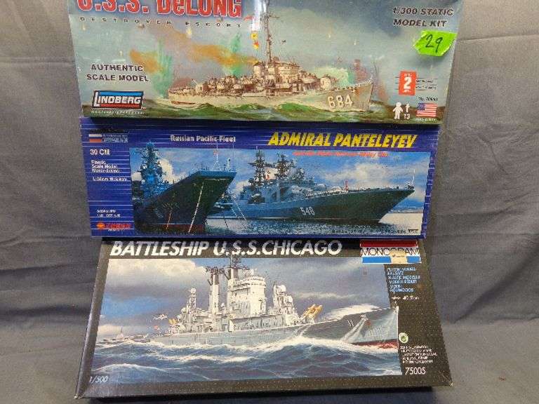 Model ships, USS Delong 1/300 scale, Russian Pacific Fleet Admiral Panteleyev 30 cm scale, USS Chica
