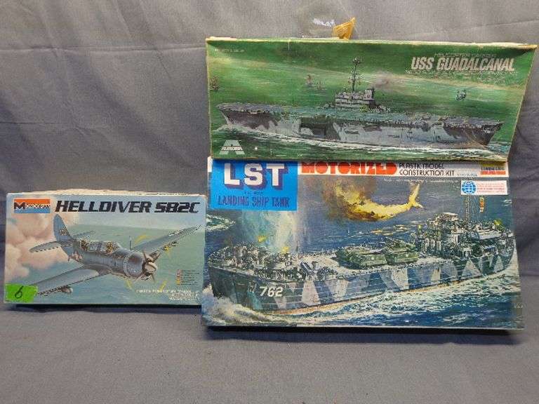 Model planes and ships, Helldiver SB2C 1/48 scale, USS Guadalcanal 1/600 scale, Landing ship tank 1/