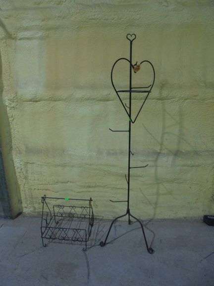 Metal basket hanger with heart plant stand and metal magazine rack. See pictures.