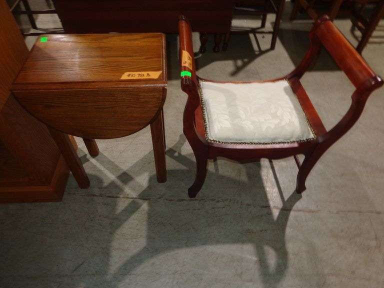 752 - small drop leaf lamp table 18"W, 29" top with leaves up, 24"H and Victorian armchair with clea