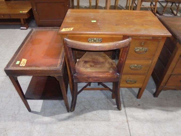 One end table and kneehole desk with chair. End table is 16" wide x 25" deep x 22" tall. Kneehole de