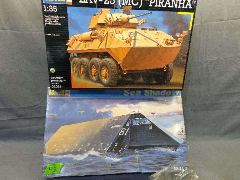 Model ship and tank, Sea shadow 1/144 scale, LAV-25 Piranha 1/35 scale