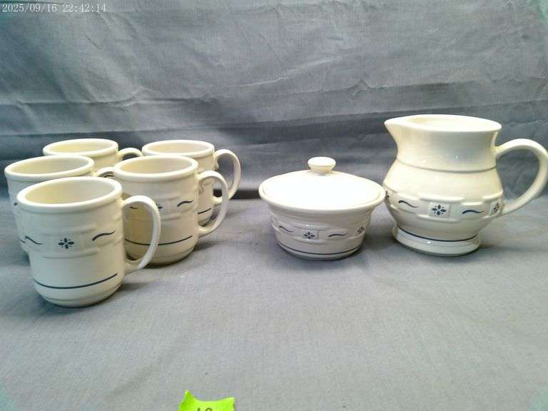 Longaberger 5 mugs, small pitcher and small covered dish