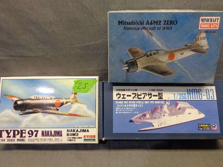 Model planes and ship, Type 97 Nakajima 1/144 scale, Mitsubishi A6M2 Zero 1/144 scale, HMG-03 1/350 