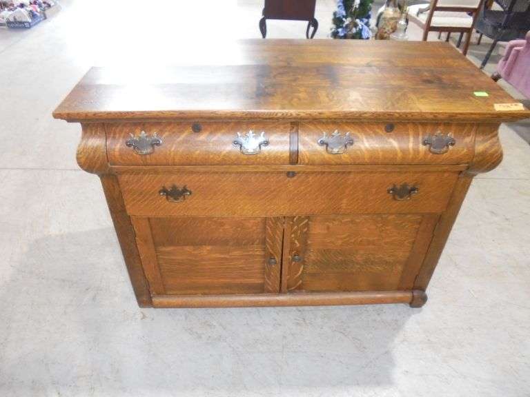 Antique wood cabinet. 46" long x 22.5" deep x 33.5" tall. Wood pieces in the bottom need to be slid 