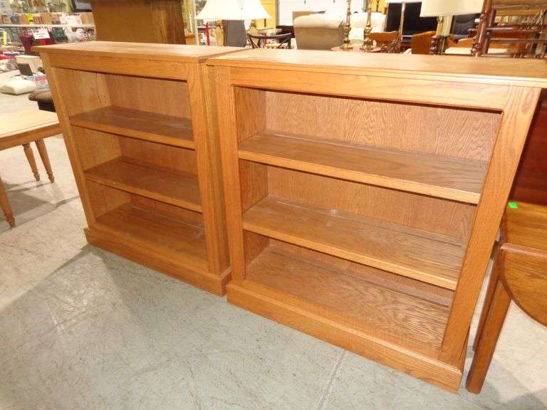 752 - matching oak veneer bookcases 37"W, 13"D, 41"H. Excellent condition