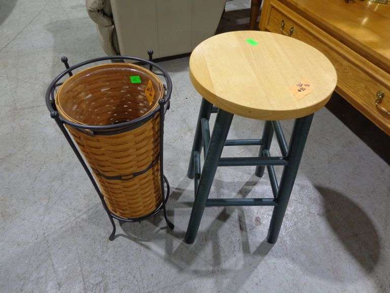 752 - Longaberger umbrella basket with wrought iron stand and 24" bar stool with green legs and wood