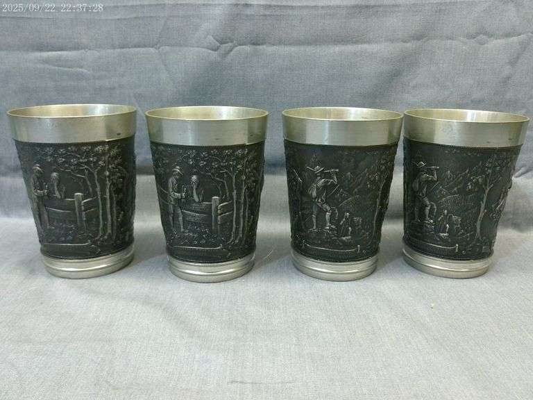 4 pewter village scene beakers 4.5" tall