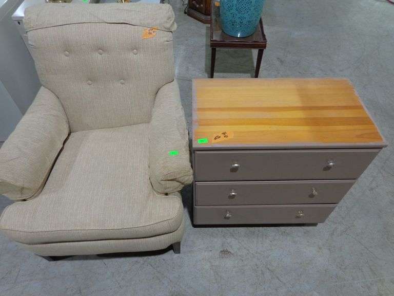 751 - occasional chair with upholstered striped fabric with tufted back and small 3 drawer wooden ch