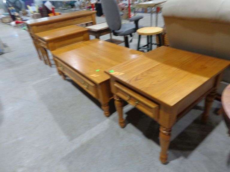 752 - Keller 4 piece solid oak sofa table, matching end tables with drawers 24"W 28" D, coffee table
