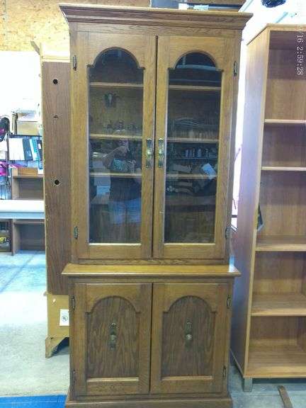 Small oak display cabinet 78"T x 34"W x 18"D, excellent condition, solid oak