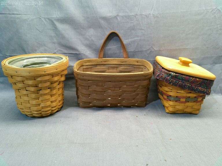 Longaberger 3 baskets, lids, liners, protectors