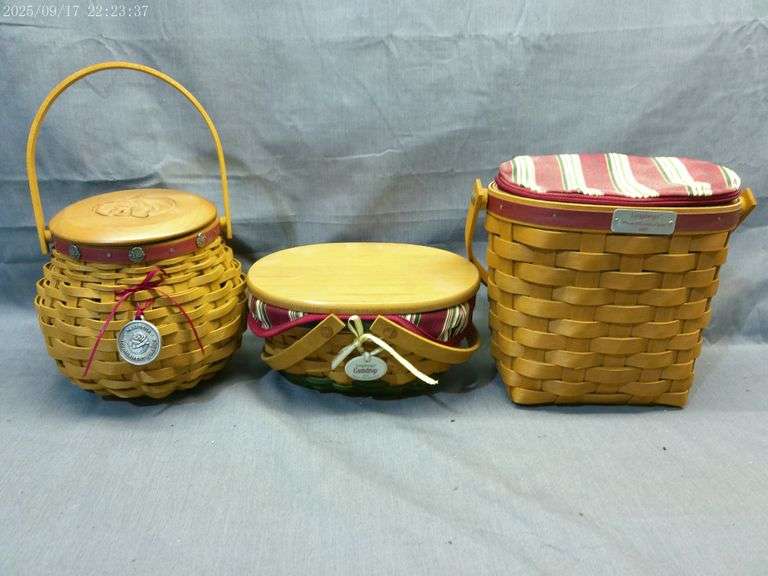 Longaberger 3 baskets, 2005 woven memories, 2004 gumdrop, 2004 tournament of roses, lids, liners, an