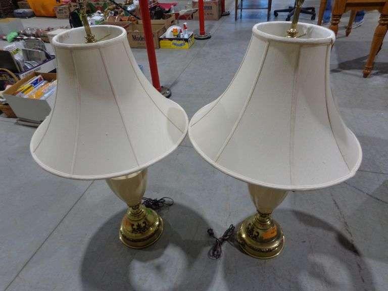 752 - pair of lamps with ceramic urn base and brass with empire shades. Very nice!