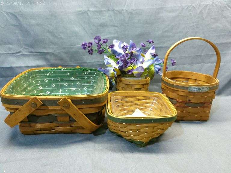 Longaberger 4 baskets 1989 Inaugural, 1993 Bayberry, liners and protectors