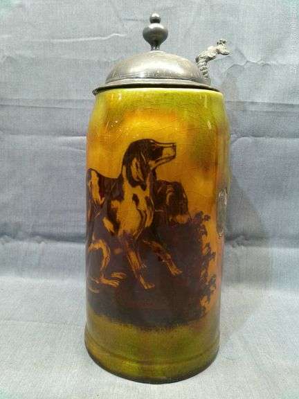1 liter antique stein with hunting dogs (glaze chips)