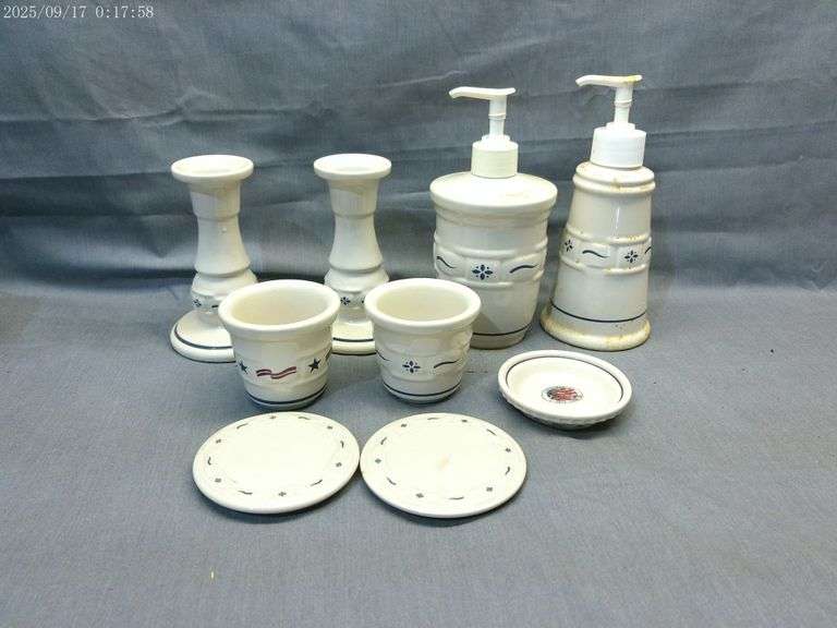 Longaberger 9 misc pieces of pottery - votives, candleholders, soap dispensers (one is damaged), coa