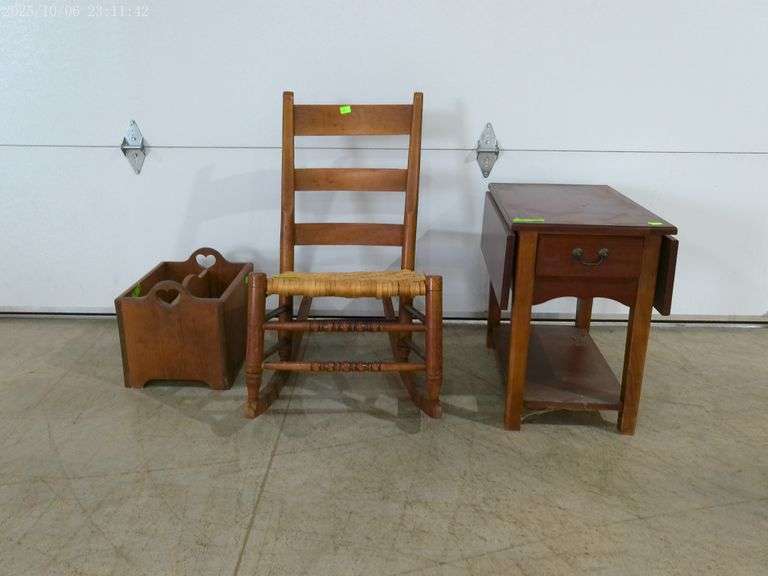 808 - Rush bottom (some damage) wooden rocker; drop-leaf end table (top has scratches); wooden & hea