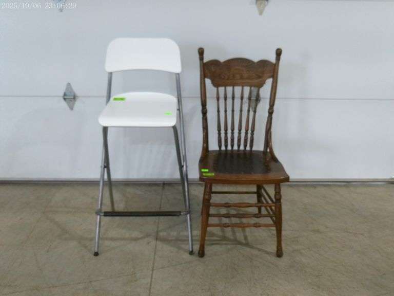 808 - Pressed back oak side chair and white folding stool