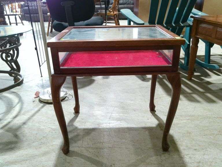 808- Wooden and glass display table 23" by 18" Some scratches on wood finish