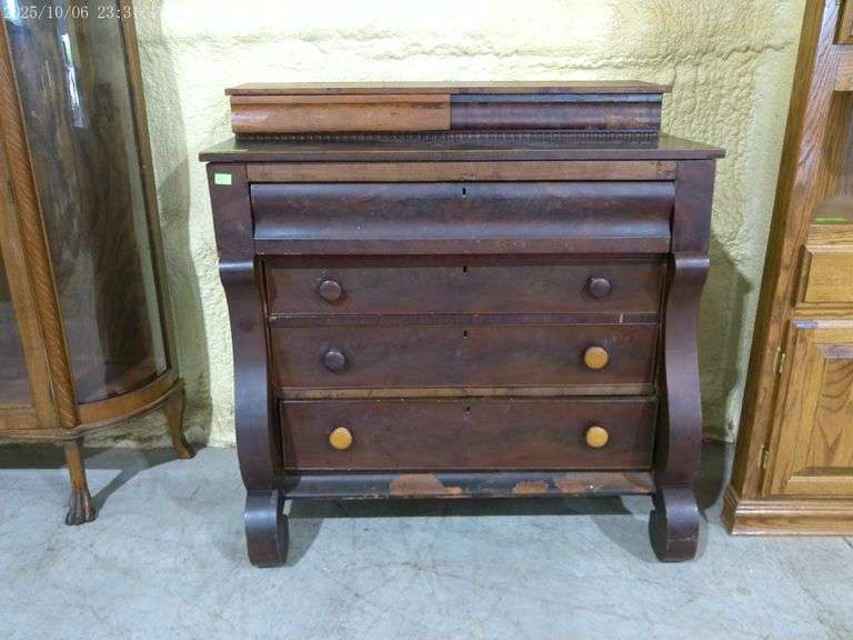 808- 4 drawer wooden chest with 2 drawer topper, in rough condition, top and back are loose, drawers