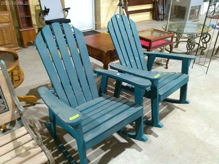 809 - 2 blue wooden rocking Adirondack chairs