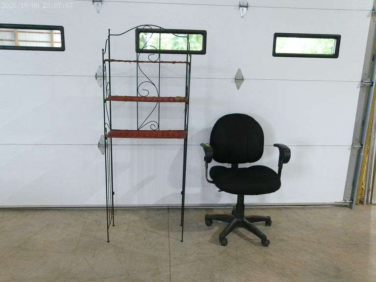 809 - Black swivel,rolling upholstered office chair and above commode shelf