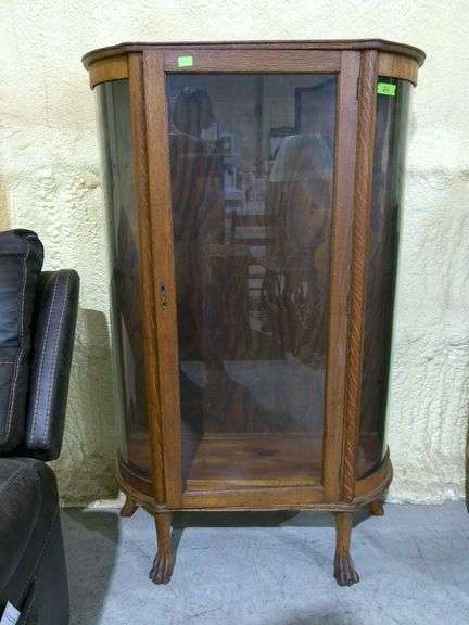 808- Wood and glass claw foot china/display cabinet with 3 wooden shelves, door is ajar and no key