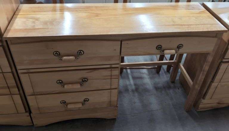 4 Drawer Wood Work Desk, Natural Color With Brass Hardware - 50"W x 31.